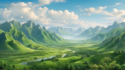 Obraz premium A vast landscape of rolling green mountains stretches across the image,