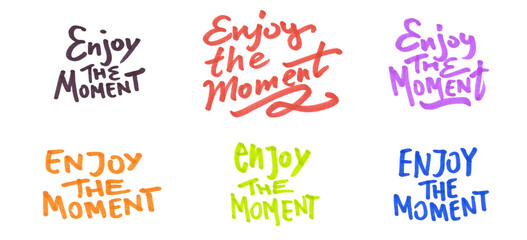 Set of hand-drawn colorful marker text “Enjoy the Moment” isolated on a transparent background