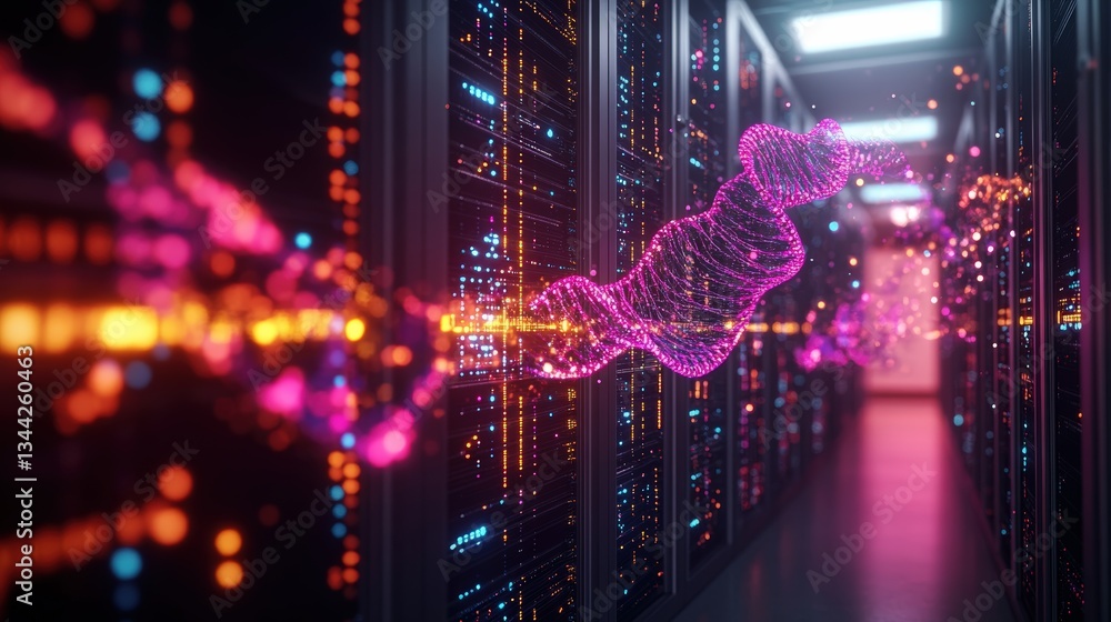 Poster vibrant glowing pink and orange digital data stream flowing through a dark corridor filled with exte