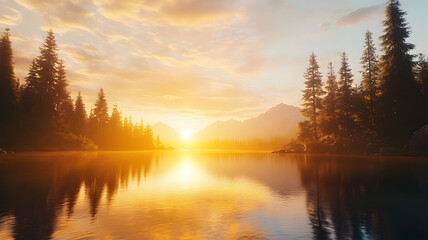 Golden Sunrise Over Forested Lake with Mountain Reflections