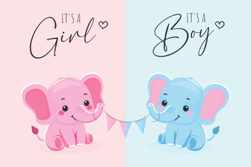 Flat Vector Illustration of Baby Shower greeting card with Cute Elephant
