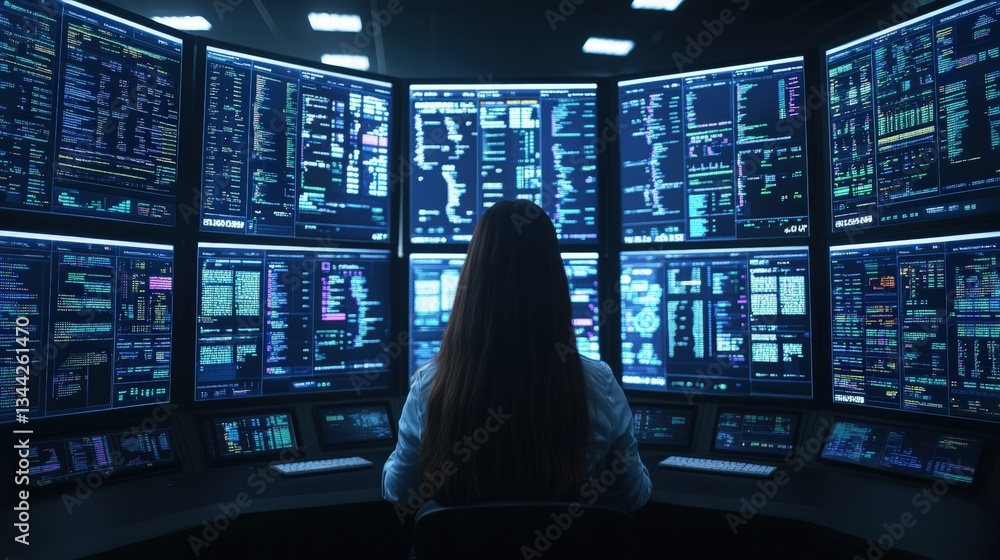 Poster woman with long dark hair facing a wall of large monitors displaying complex data streams and code i