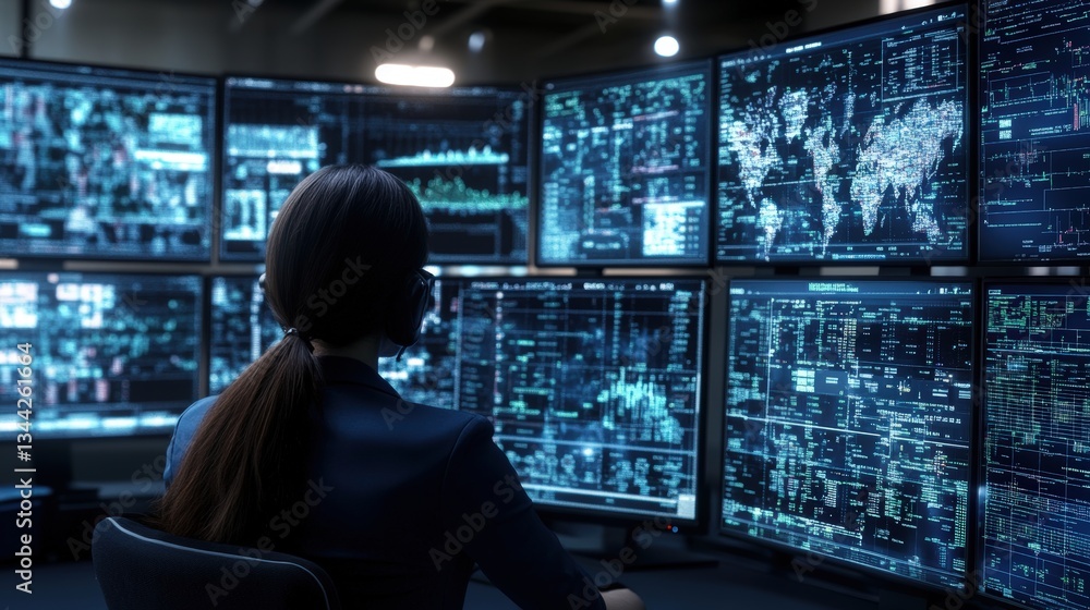 Poster a woman analyzes complex data visualizations on large monitors in a high-tech control center filled 