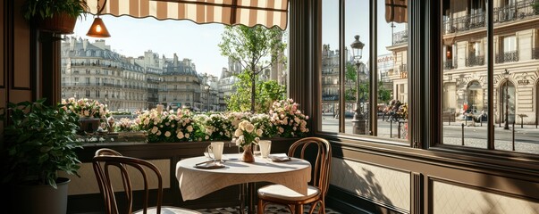A charming cafe interior with a view of Paris, featuring a table set with flowers, creating an inviting and romantic atmosphere.