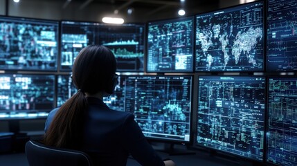 A woman analyzes complex data visualizations on large monitors in a high-tech control center filled with graphs, charts, and a world map display.