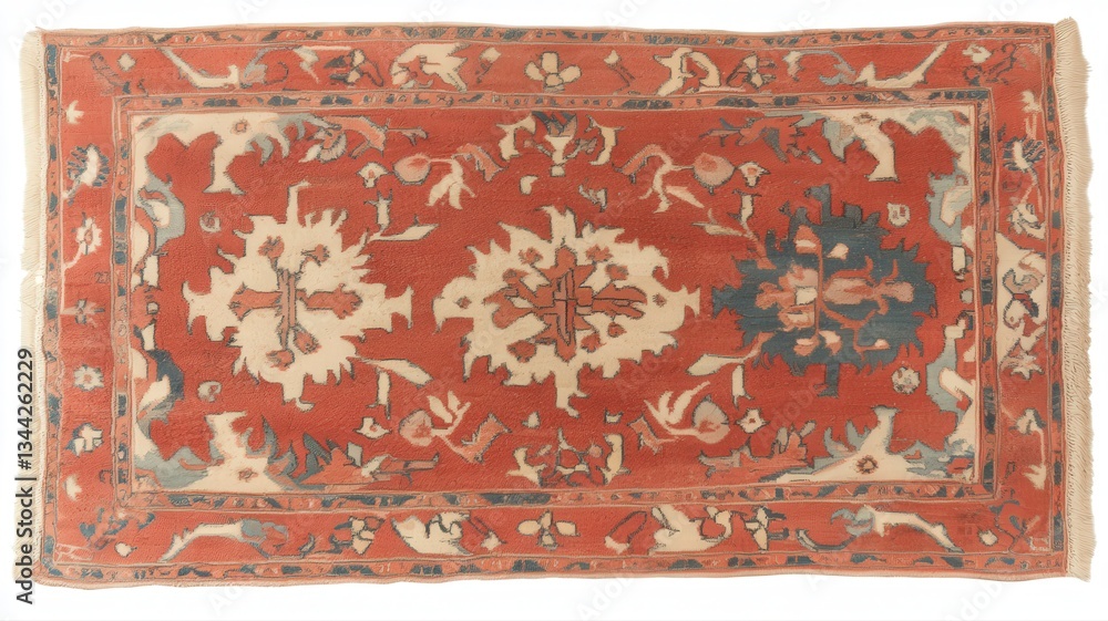 Poster rectangular red and cream rug with intricate bird and floral pattern