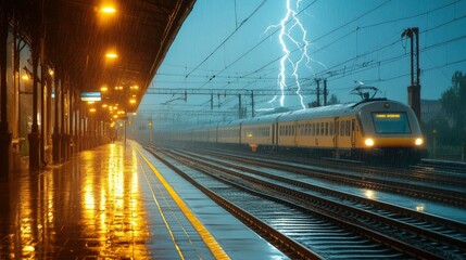 Fototapeta premium A railway station during a lightning storm, overhead electric wires sparking as rain pours down