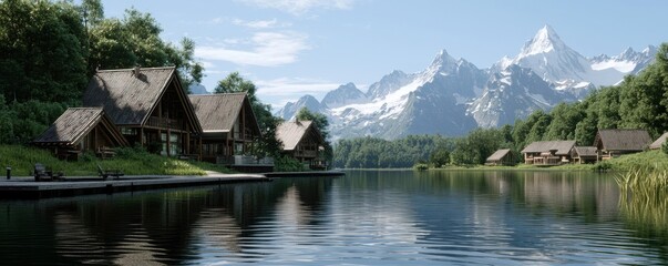 Fototapeta premium A serene landscape featuring rustic cabins by a calm lake, surrounded by lush greenery and majestic mountains under a clear blue sky.