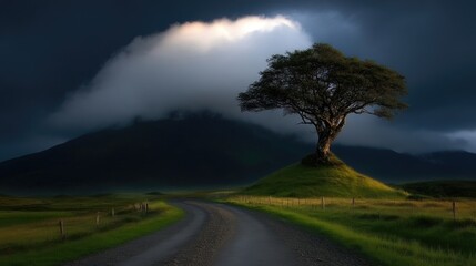 Lonely tree on a winding road in a valley with dramatic clouds