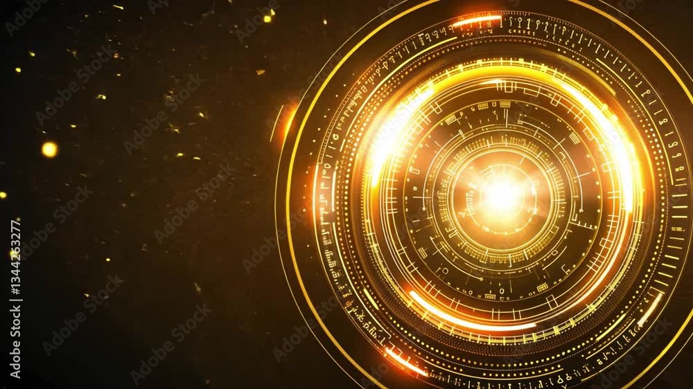 Poster glowing, futuristic digital interface with concentric circles and intricate patterns radiates warm, 