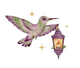 Hummingbird flying near a lantern with a candle in a soft watercolor style