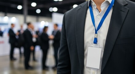 Business Conference Attendee - Close-up of a person wearing a suit and lanyard at a business conference. Blurred background shows other attendees