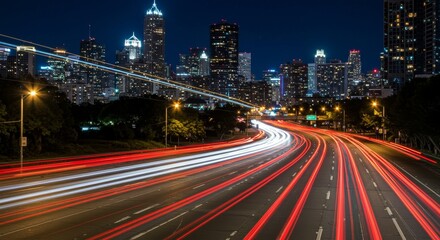 Fototapeta premium Cityscape Night Highway Lights - Stunning night shot of a highway with light trails leading towards a vibrant city skyline
