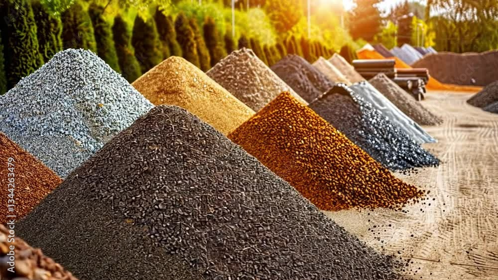 Poster variety of colorful gravel piles arranged in rows under warm sunlight creating vibrant textured outd