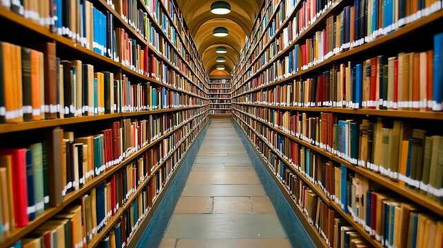 Bookshelves with many books form an arched corridor in the library
