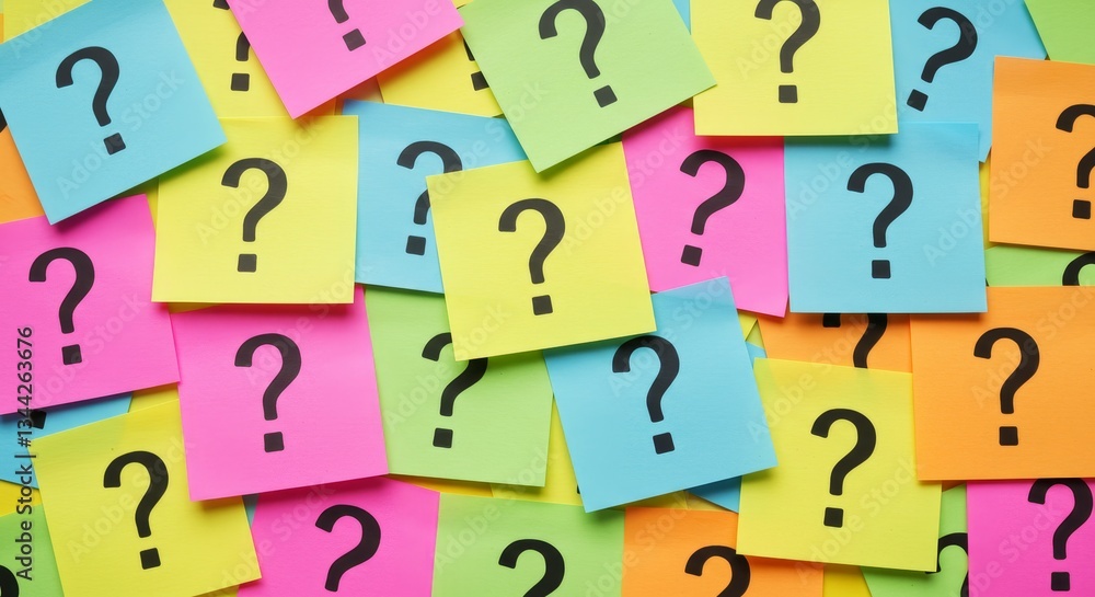 Poster colorful question marks on sticky notes - a collection of colorful sticky notes, each with a black q
