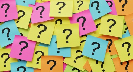 Fototapeta premium Colorful Question Marks on Sticky Notes - A vibrant collection of sticky notes, each displaying a question mark, creates a visually engaging representing inquiry, brainstorming, or problem-solving