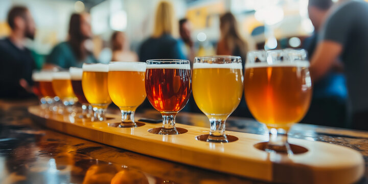 Variety of craft beer in tasting flight at a brewery