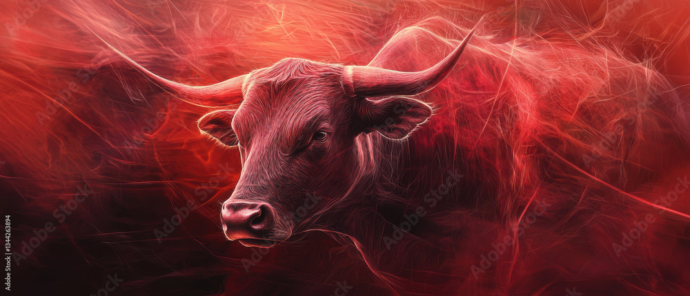 Poster dynamic bull moving through vibrant red patterns, showcasing strength and energy in captivating disp