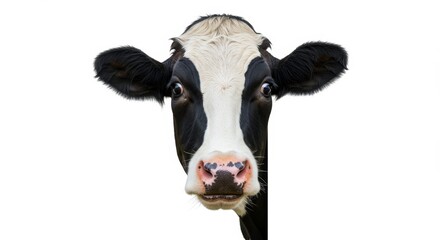 Curious Cow Close Up - A close-up shot of a curious cow's face, isolated on a white background. The cow's expression is engaging and friendly