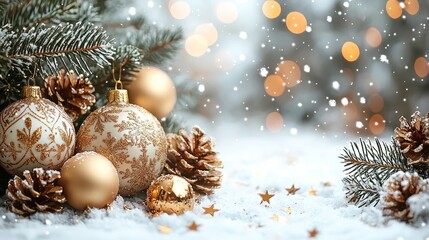 Festive Christmas Decorations with Ornaments, Pinecones, and Snowy Background
