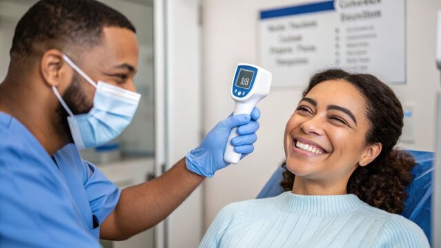 Smiling woman having her temperature checked by a healthcare worker wearing a face mask and gloves. Bright, well lit medical office setting