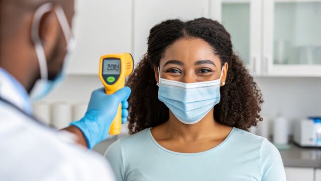 Doctor in blue gloves using a digital thermometer to check the temperature of a smiling woman wearing a face mask in a clinic