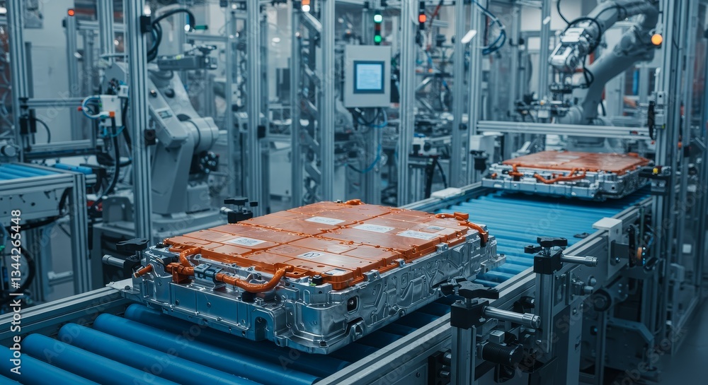 Poster electric vehicle battery assembly line - close-up view of an automated assembly line producing elect