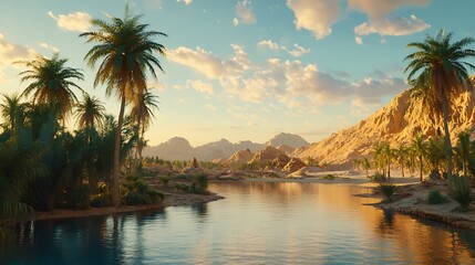 Majestic oasis scene featuring tropical palm trees and golden desert backdrop high resolution wallpaper