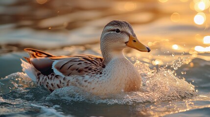 Serene Duck Swimming in Glimmering Water at Sunset with Soft Bokeh Background