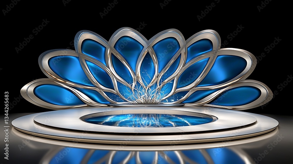 Poster futuristic stage design with blue backdrop and artistic elements for entertainment and events use