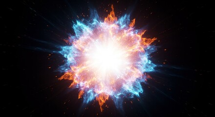 Fototapeta premium Fiery Celestial Collision - A vibrant depicting a cosmic explosion of fire and ice, swirling in a mesmerizing dance of contrasting energies