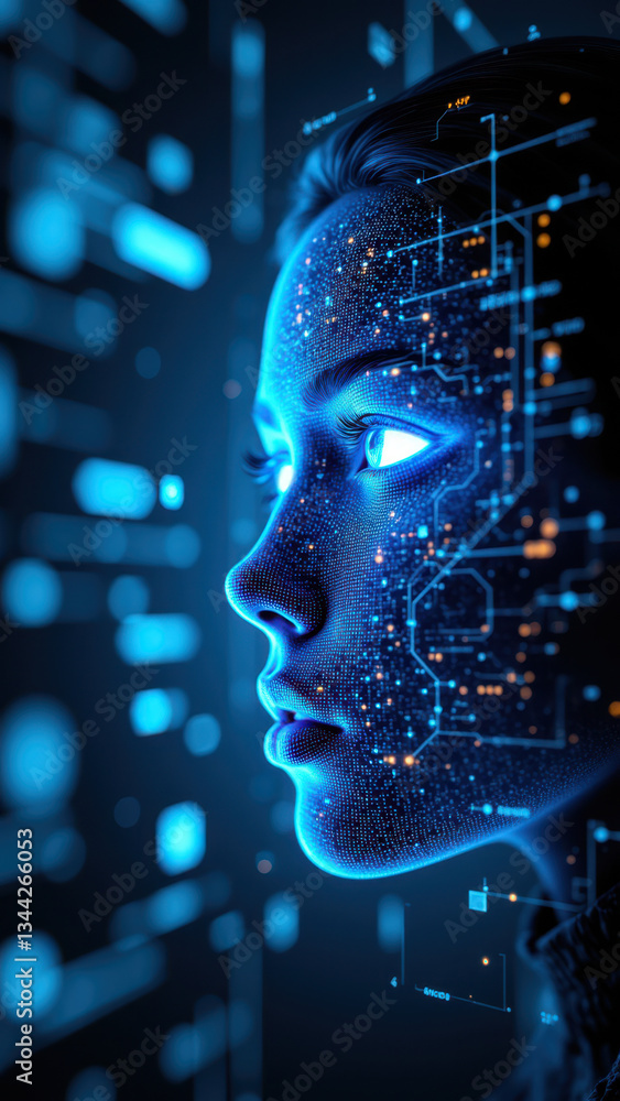 Poster a futuristic digital illustration of a humanoid robot with a cybernetic interface, surrounded by int