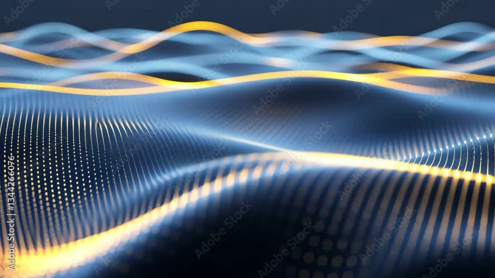 Poster mesmerizing digital landscape of flowing waves with glowing lines and dots creates futuristic and dy