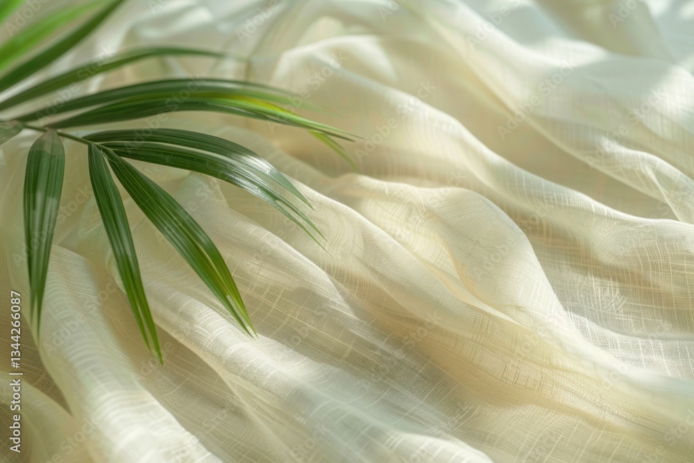 Poster a palm leaf shadow gently falls over soft linen, creating a tranquil and airy atmosphere with smooth
