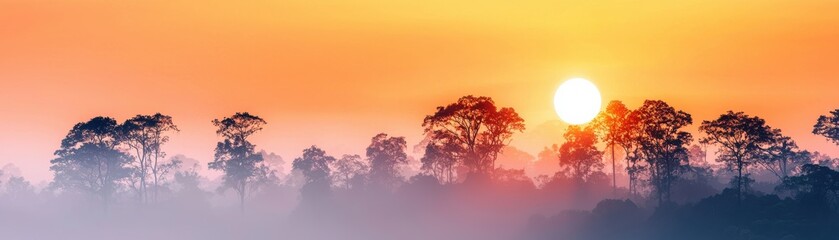 A serene sunset landscape with fog and silhouetted trees creating a tranquil atmosphere.