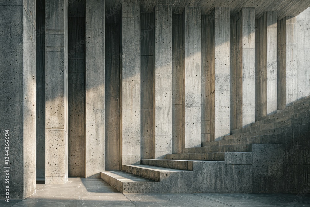 Poster a towering concrete form with deep grooves casts rich shadows under soft, diffused light in an urban