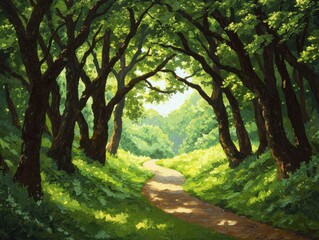Obraz premium A serene forest path illuminated by sunlight, surrounded by lush green trees and foliage.