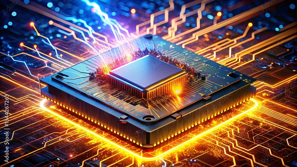 Poster power surge: the intricate circuitry of a central processing unit (cpu) glows with the vibrant energ
