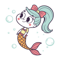 Cute Cartoon Mermaid with Pink , Black , Tail and Bow Adorable Underwater Illustration .