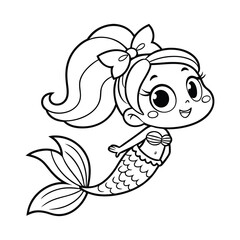 Cute Cartoon Mermaid with Pink , Black , Tail and Bow Adorable Underwater Illustration .
