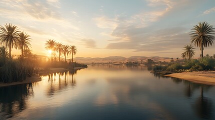 Obraz premium Stunning oasis at sunset with golden reflections on peaceful desert waters high resolution wallpaper