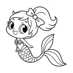 Cute Cartoon Mermaid with Pink , Black , Tail and Bow Adorable Underwater Illustration .