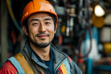 smiling male worker wearing orange helmet and safety gear, showcasing confidence and professionalism in industrial setting