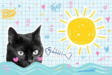 Funny summer vector cat face and fish bone halftone collage, fun animal with ocean waves and sun background design
