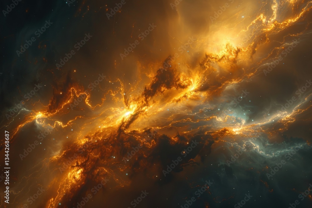 Poster glowing dust particles fill a vast celestial space, presenting an enchanting display of golden and s