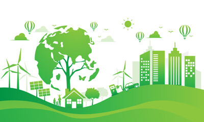 tree ecology environment world day and renewable energy banner background. green city sustainable concept. vector illustration flat design.