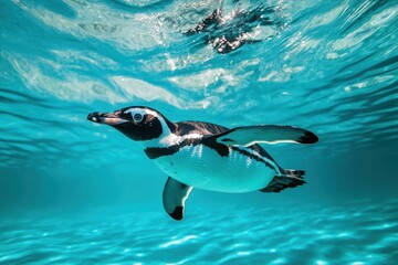 Obraz premium Underwater view of a swimming penguin in clear blue water aquatic life