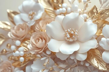 Luxurious 3D floral bouquet with white, pink with gold leaves and white pearls, set against cream background	