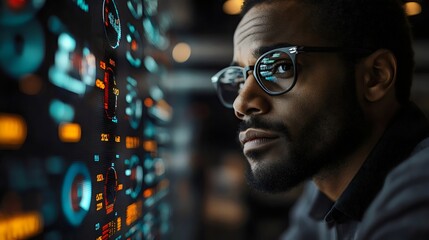 A man wearing glasses is looking at a computer screen with a lot of numbers